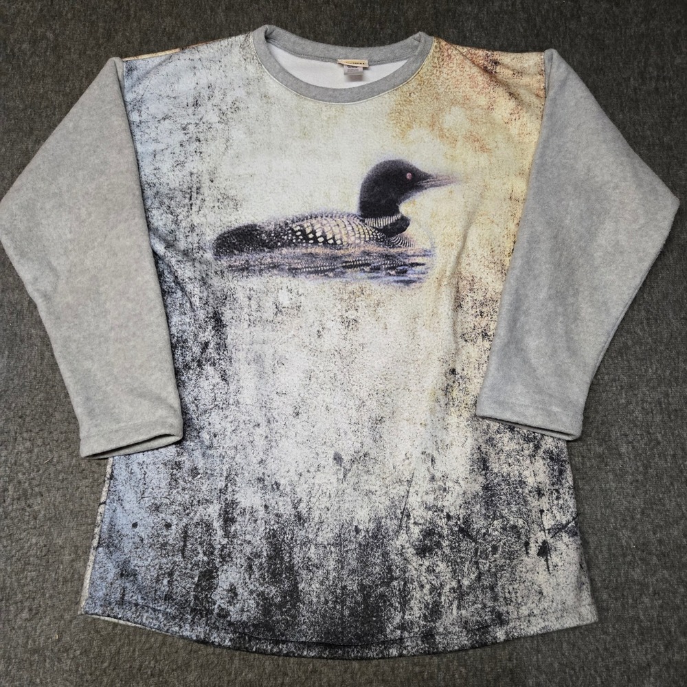 Sunshirt Vintage Loon Bird Graphic Fleece Sweatshirt Women Large Gray USA Made